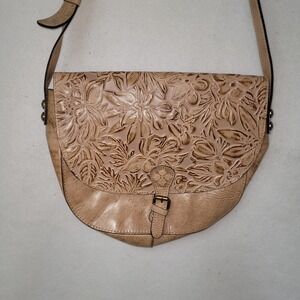 Tan Leather‎ Embossed Floral Flap Crossbody Shoulder Bag Buckle Adjustable Strap